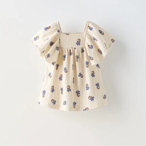 Zara Cream Blouse with Blue Floral Design